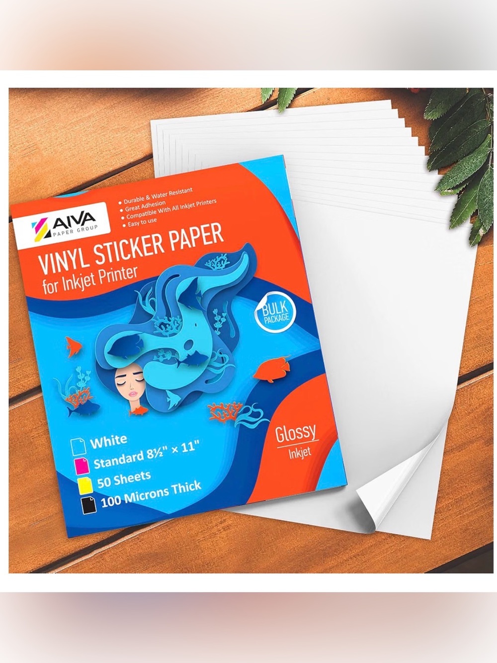 Vinyl Sticker Paper for Inkjet Printer Size 8.5"x11" - White Glossy (47 Sheets)
